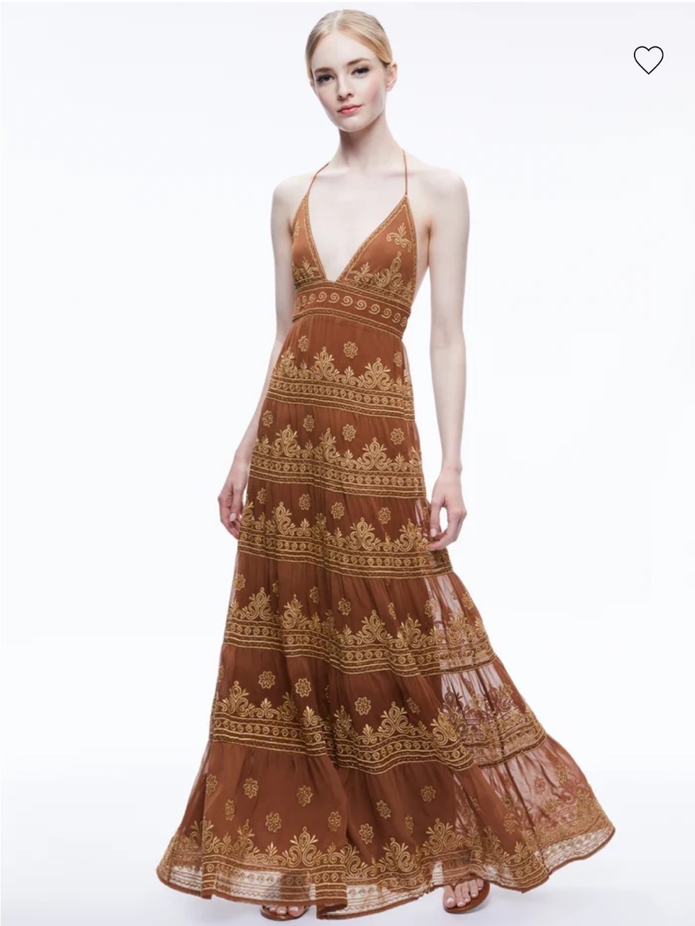 NWT Alice + Olivia Brown Karolina Embroidered Brown Halter Maxi Dress